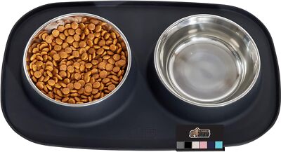 Patent Pending 100% Waterproof Cat Dog Bowls Silicone Feeding Mat Set Black