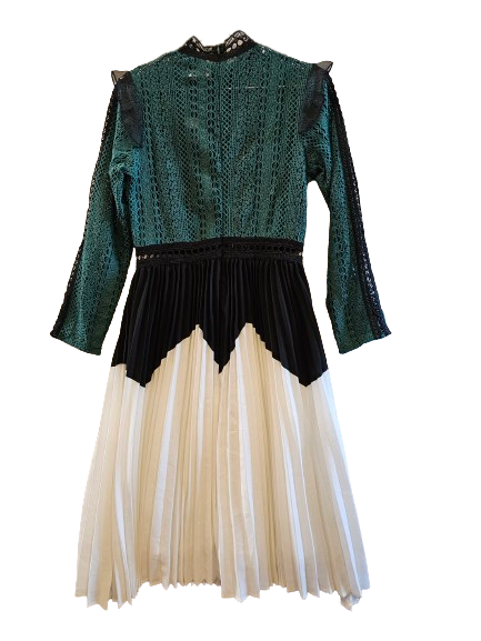 N by Nancy Pleated Dress Green Lace/ Black & White Pleats Style X7153 Size  Small
