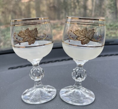 Vintage 2 Bohemia Crystalex Ball Stem Frosted Bowl Painted Gold Leaf Wine  Glass | eBay