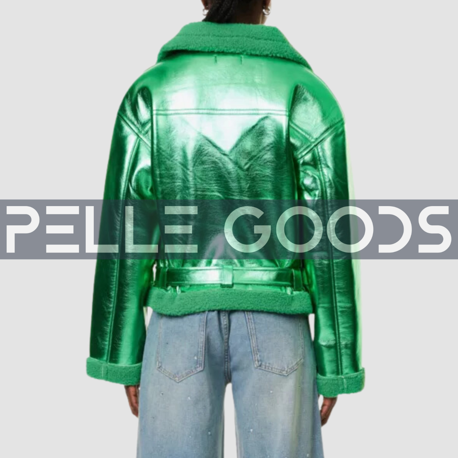 Women's Green Metallic Shearling Leather Jacket - Stylish Warm Winter Coat image 4