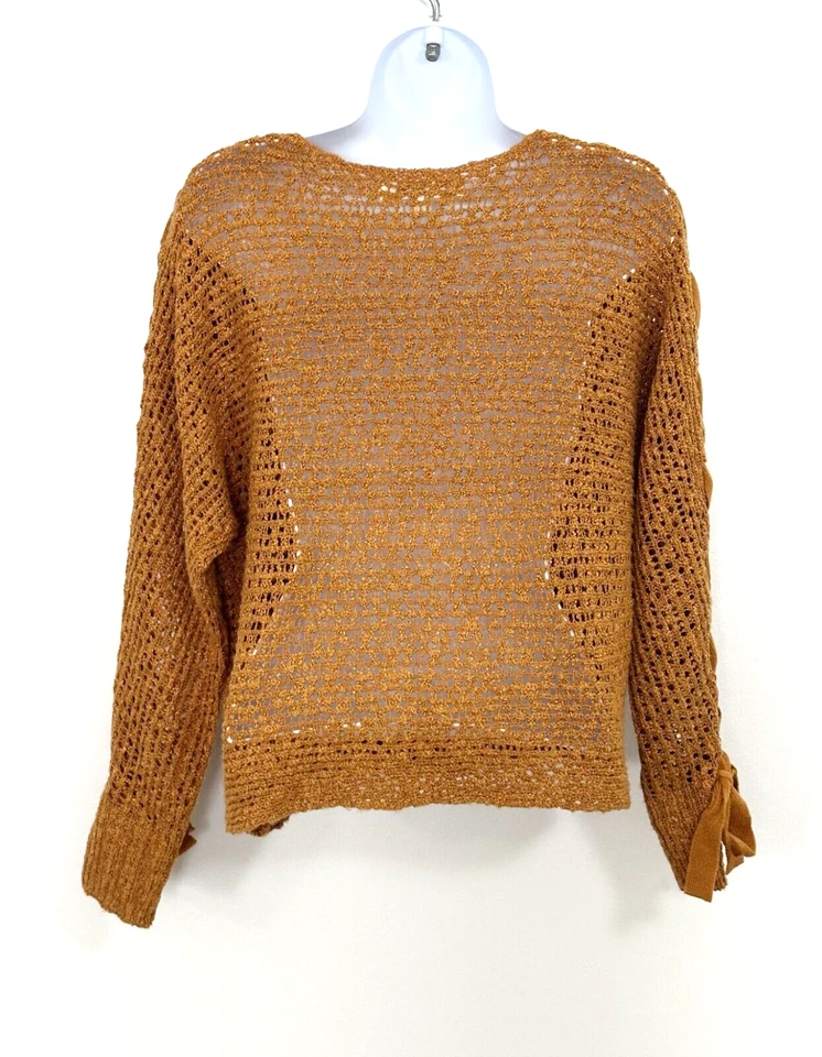 Jolt Sweater Top M Dark Mustard Pullover Open Knit Lace Up Sleeves Casual Y2K - Image 4 of 4