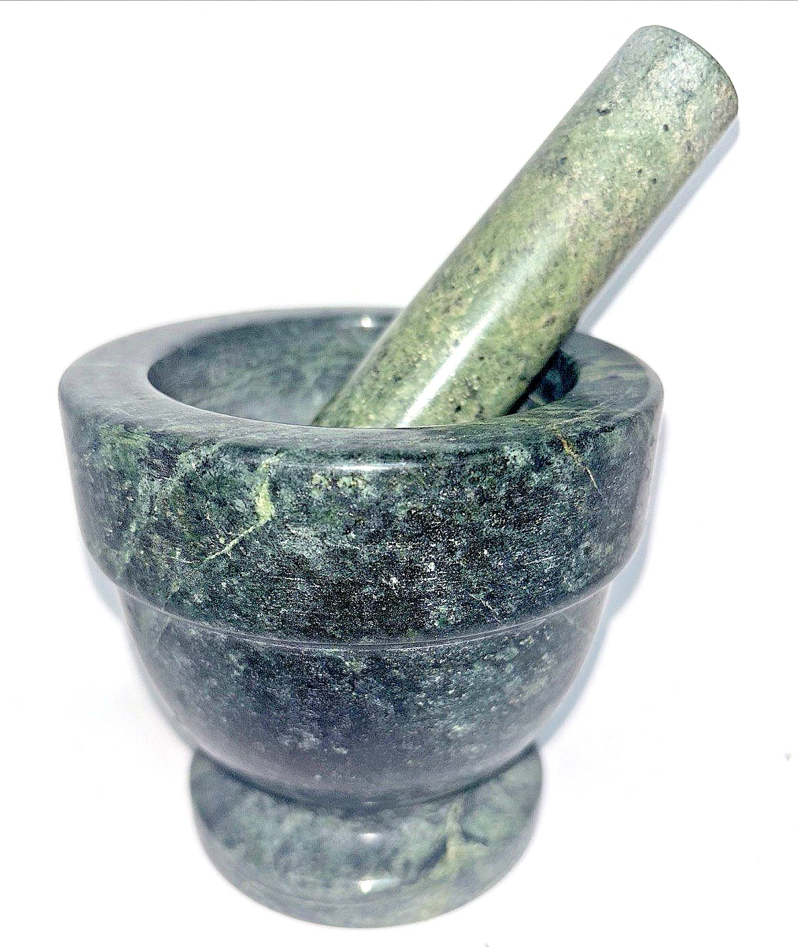 Vtg Mortar & Pestle Set - Footed Green Swirl Natural Marble Stone for Grinding