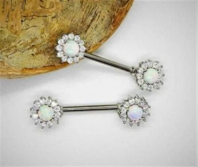 3 CT Lab-Geschauspielt Opal Nippel Barbell Piercing, 14K Weißvergoldet Geschenk - Bild 1 von 4