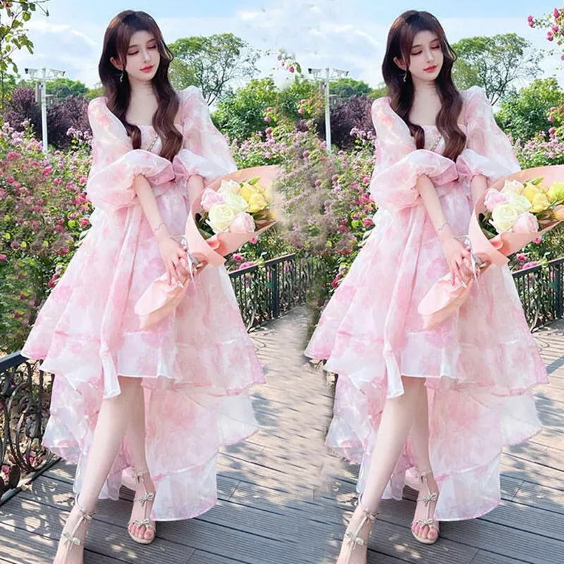 Summer Chiffon Elegant Kawaii Dress Women Floral Print Sweet Princess  Casual Midi Dress Female Puff Sleeve Party Holiday Dress - Dresses -  AliExpress