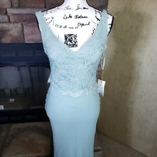 Camron Blake by Mon Cheri Aqua Gown NWT Beaded V Neck Flowy 15684 Size 6