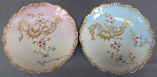 Pair of Klingenberg Limoges Hand Painted Floral Raised Gold Scroll Dessert Bowls