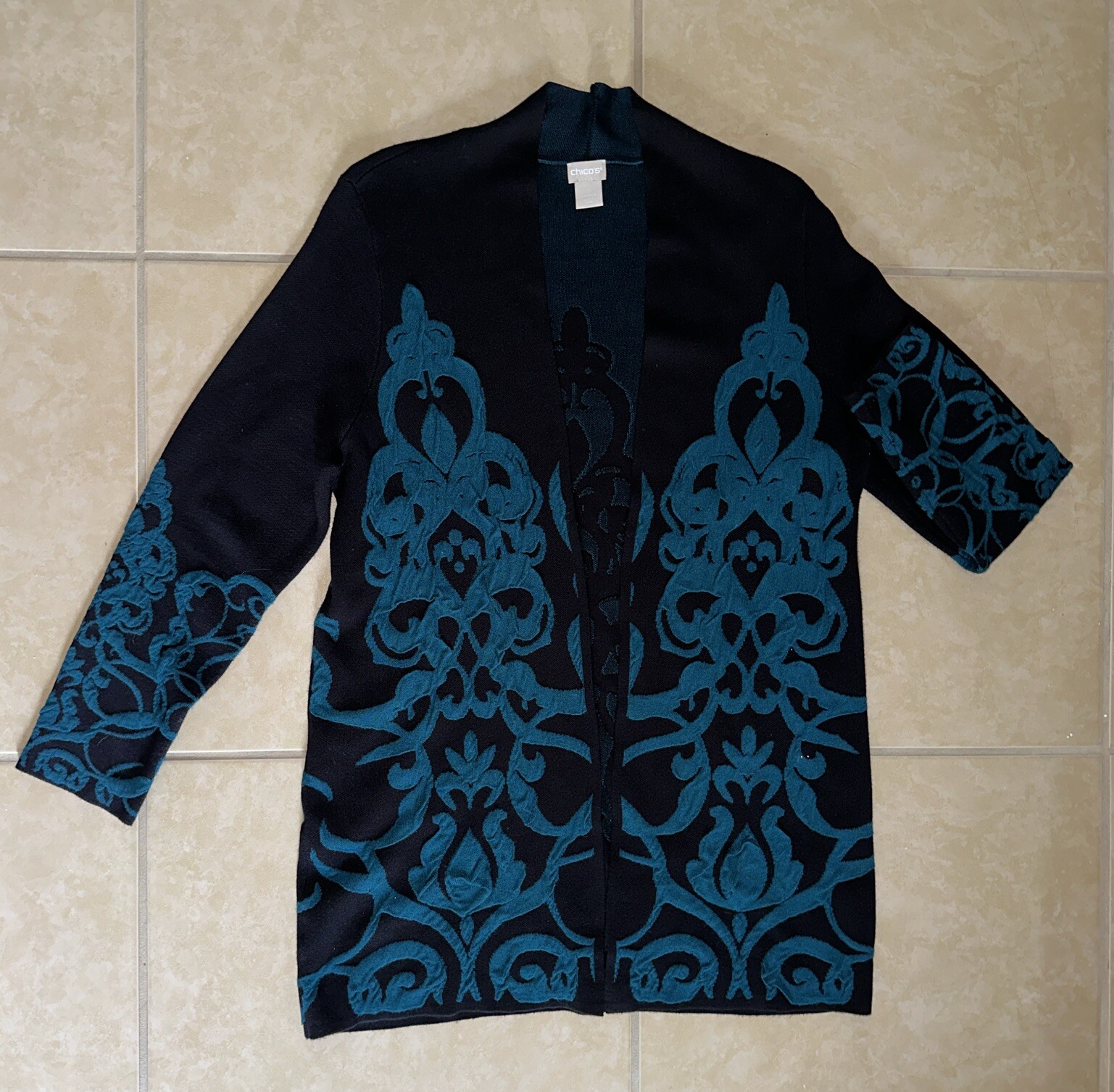 Chico’s Sz 1 /US M Teal Print Over Black Knit Cardigan Open Front Long Sleeves