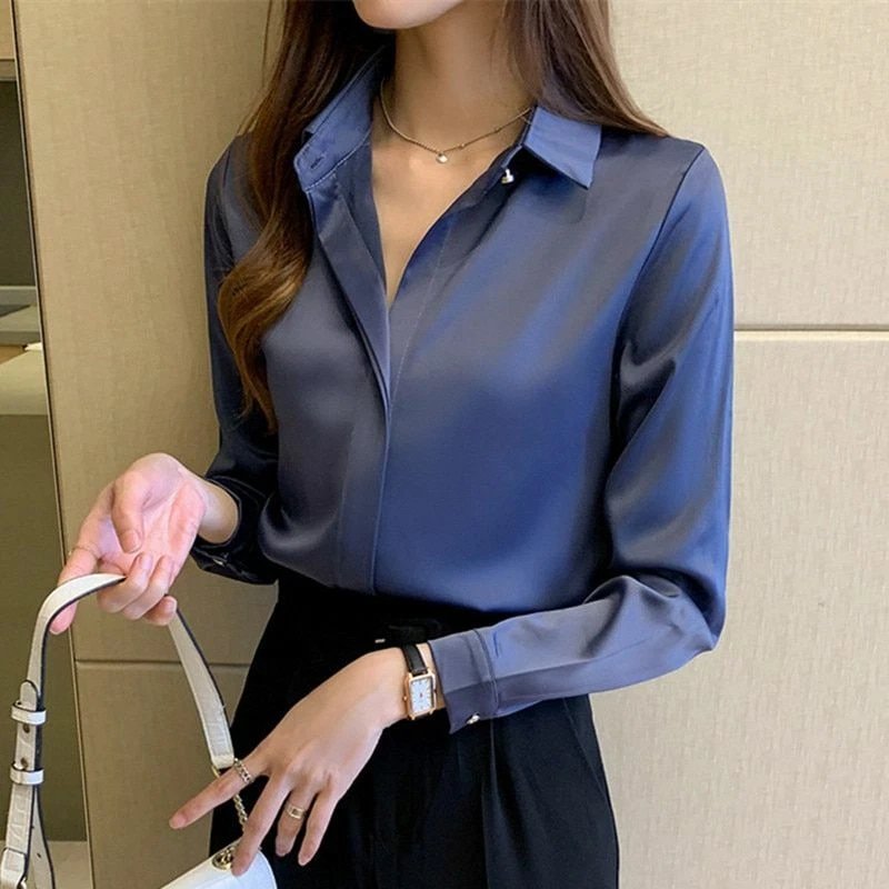 Blouse Women Silk Shirt White Long Sleeve Office Lady Satin Silk