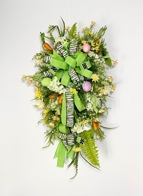 ELEGANT LARGE EASTER TEARDROP SWAG WREATH RIBBON COLOR EGG CARROT DECORATION NEW