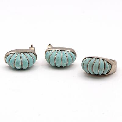 Vintage Cerro Blanco Mexico Sterling Silver Turquoise Groove Ring & Earrings Set