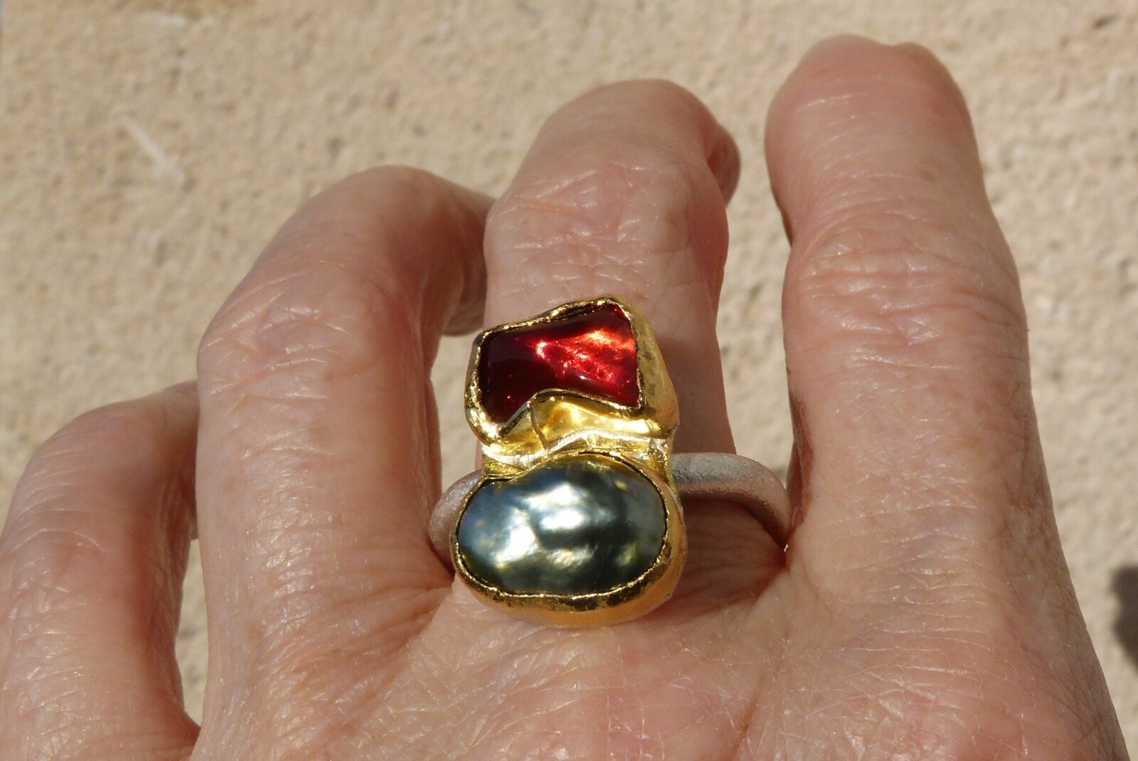 925 Silver And 24 Ct Gold Ring, 1 Fire Opal, 1 Keishi Pearl, Size 57 image 5