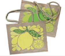 Trader Joe's Lemon Lime Tote Reusable Jute Burlap Shopping Bag Shopper HOT NEW