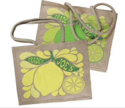 Trader Joe's Lemon Lime Tote Reusable Jute Burlap Shopping Bag