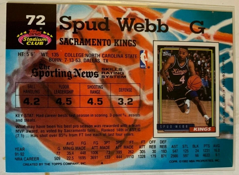 Stadium Club basketball cardSpud Webb 1992 #72 Sacramento Kings - Image 2 of 2