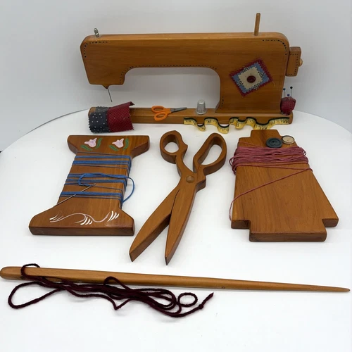 Vintage Wooden Sewing Room Wall Decor Set Scissors Spool Bobbin 1996 Handmade
