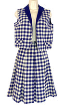 Vintage 1960s blue white check skirt vest set S sleeveless wool outfit navy top