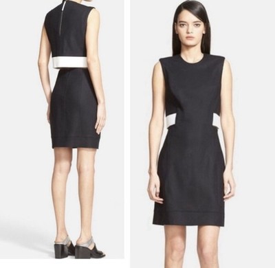 HELMUT LANG Flex Suiting Contrast Slit Open Back Black & White Dress Wool Blend