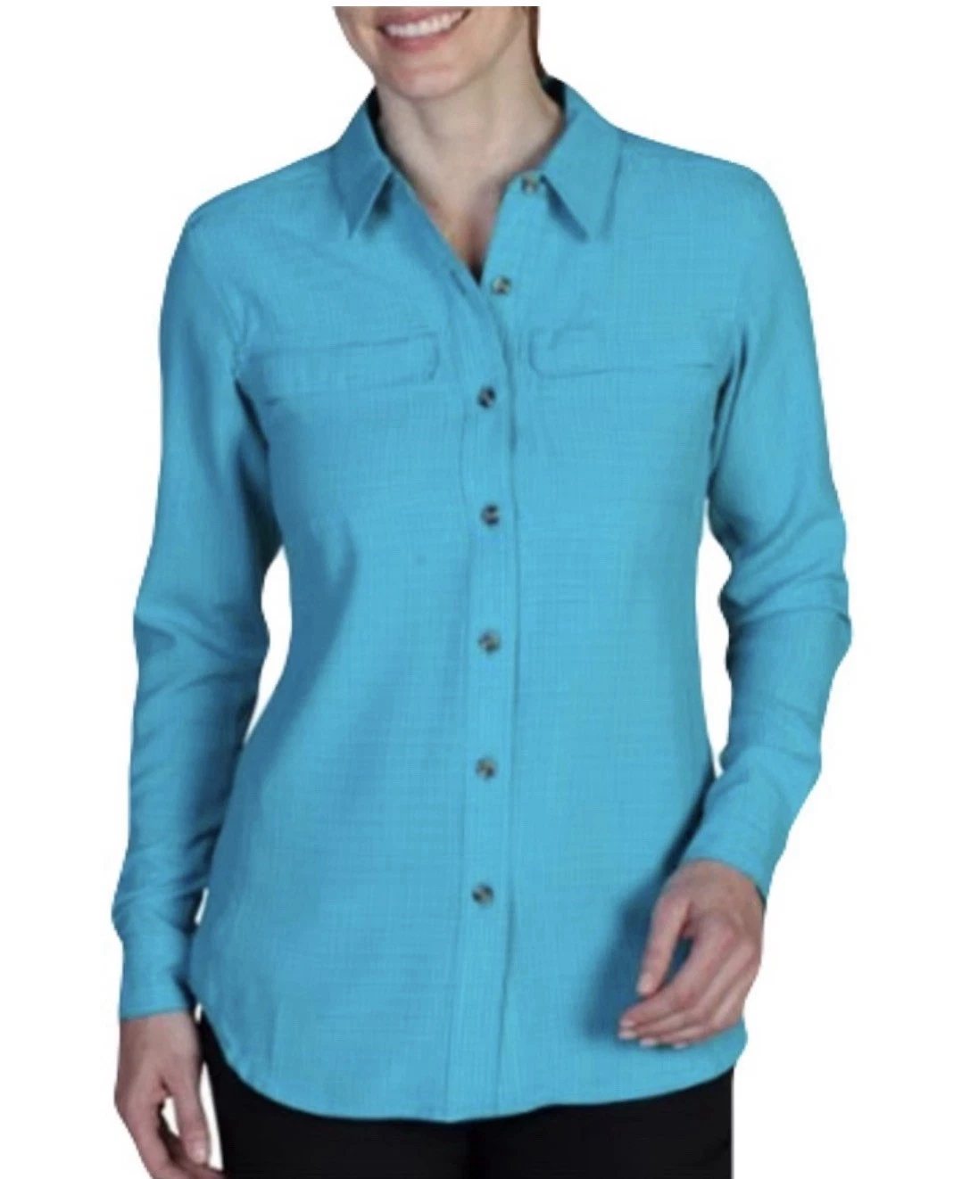 Exofficio Teal Blue Gill Long Roll Sleeve Button Down Vented Shirt Size Small