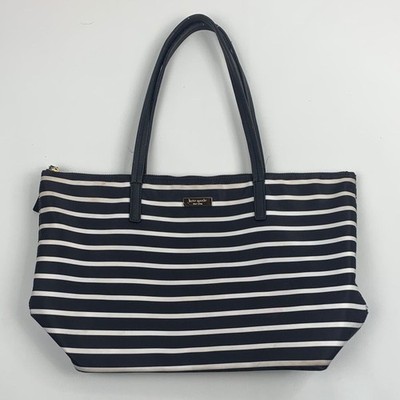 Kate Spade Black White Striped Tote shoulder Bag Gold Zip close Leather  straps