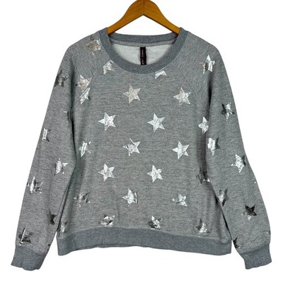 Betsey Johnson Performance Sweatshirt XL Gray Silver Foil Stars Athleisure Cozy