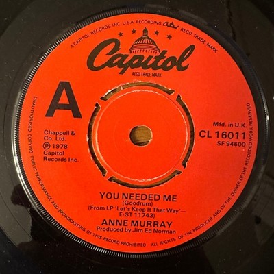 Anne Murray   You Needed Me 7'' Single Record 1978 UK Capitol Pop 45 RPM