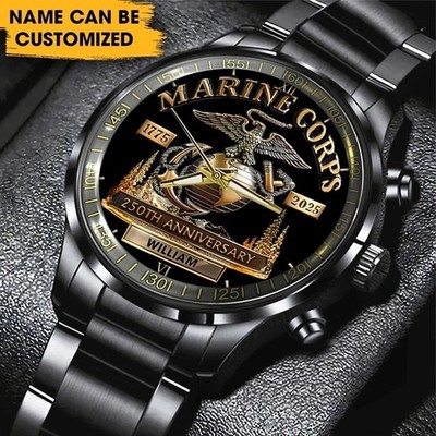 New Personalized US Marine Corps 250th  Black Stainless Steel Watch MM333