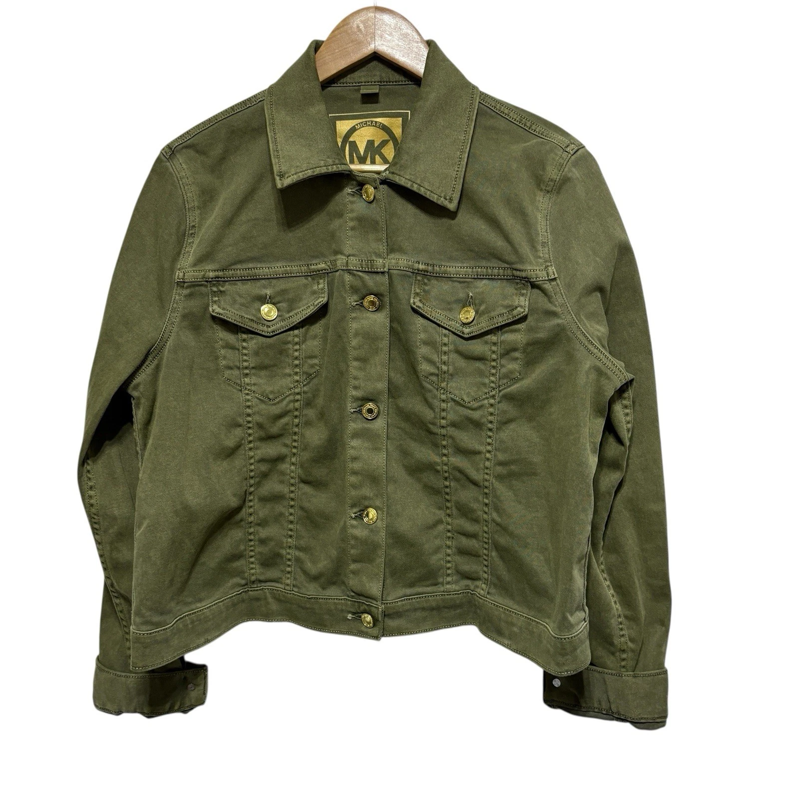 Giacca jeans Michael Kors donna XL verde tinto in capo bottoni davanti leggera