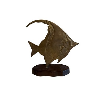 Vintage Brass Fish Figurine On Wooden Base 8'' Tall Unique Maritime Decor