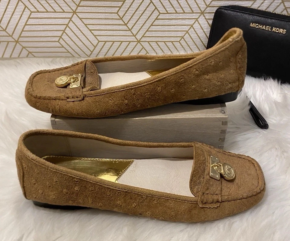 Michael Kors Brown Ostrich Embossed Leather Loafers Comfort Shoes Size 8.5 Flats - Image 2 of 4