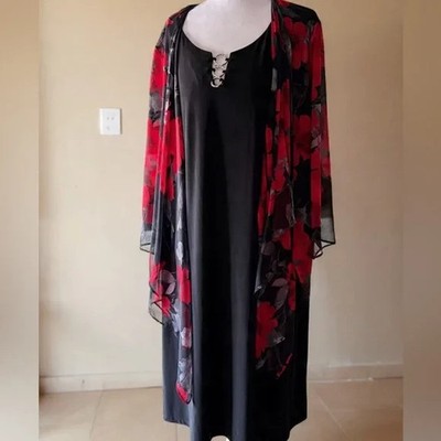 R&K Black Dress With Red And White Floral Overlay