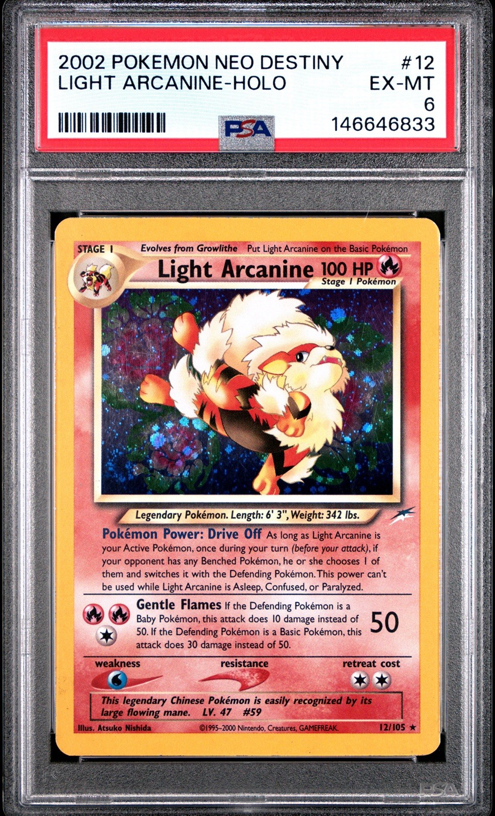 PSA 6 Light Arcanine 12/105 Neo Destiny Holo NM Vintage Arcanine Pokemon Rare!
