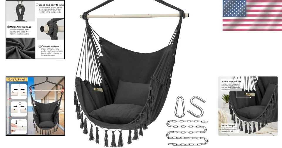 Hammock Chair Hanging Rope Swing, Max 500 Lbs, 2 C - Image 2 of 4