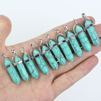 10pcs Green Turquoise Hexagonal Pointed Reiki Chakra Pendant Bead Healing Stone