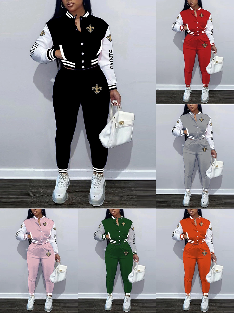 New Orleans Saints Womens 2PCS Varsity Jacket Outfits Button Crop Top Sweatpants