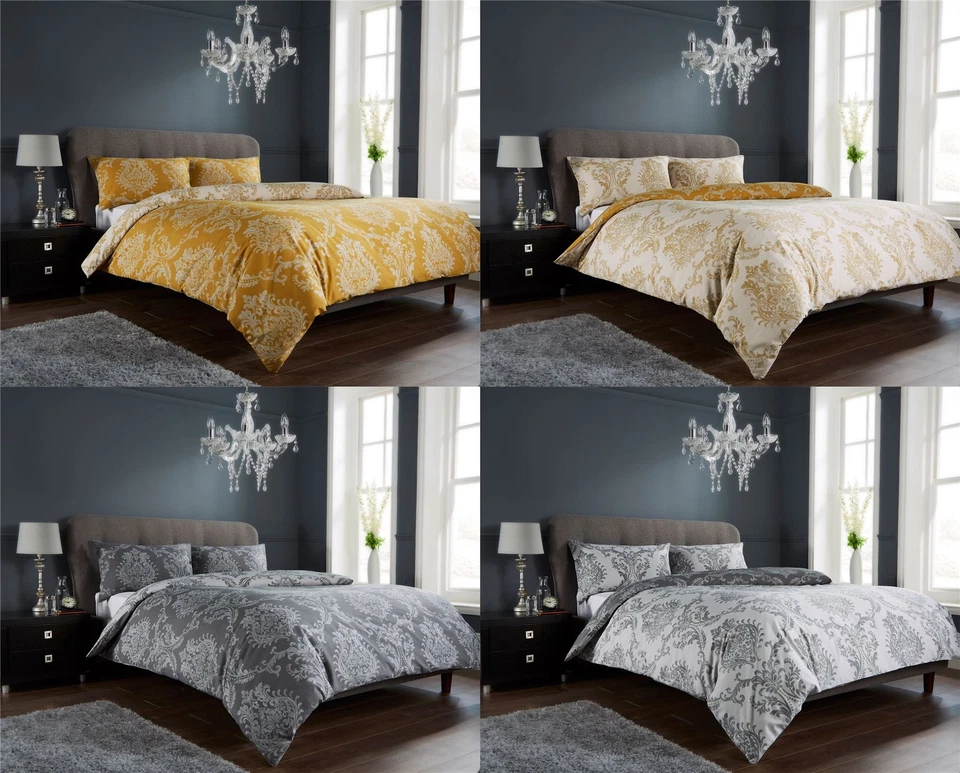 Royal Damask Duvet Quilt Cover Set, Bed Linen Double King Size, Grey Gold