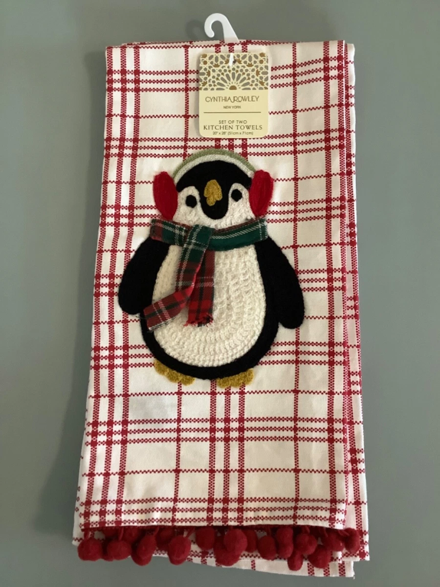 CYNTHIA ROWLEY KITCHEN TOWELS (2) RED PLAID PENGUIN POM POMS 100% COTTON  NWT