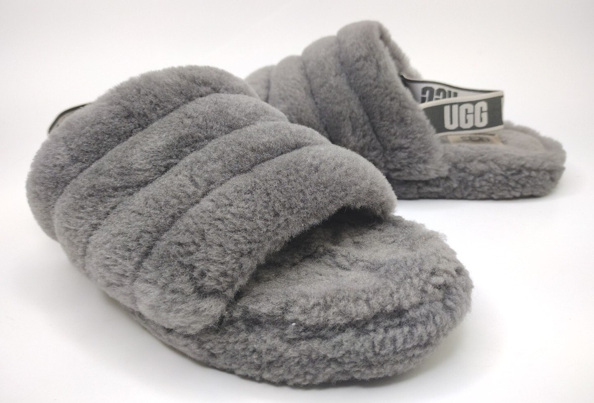 UGG 1098494K Fluff Yeah Slide Gray Sheepskin Wool Slippers Big Kid