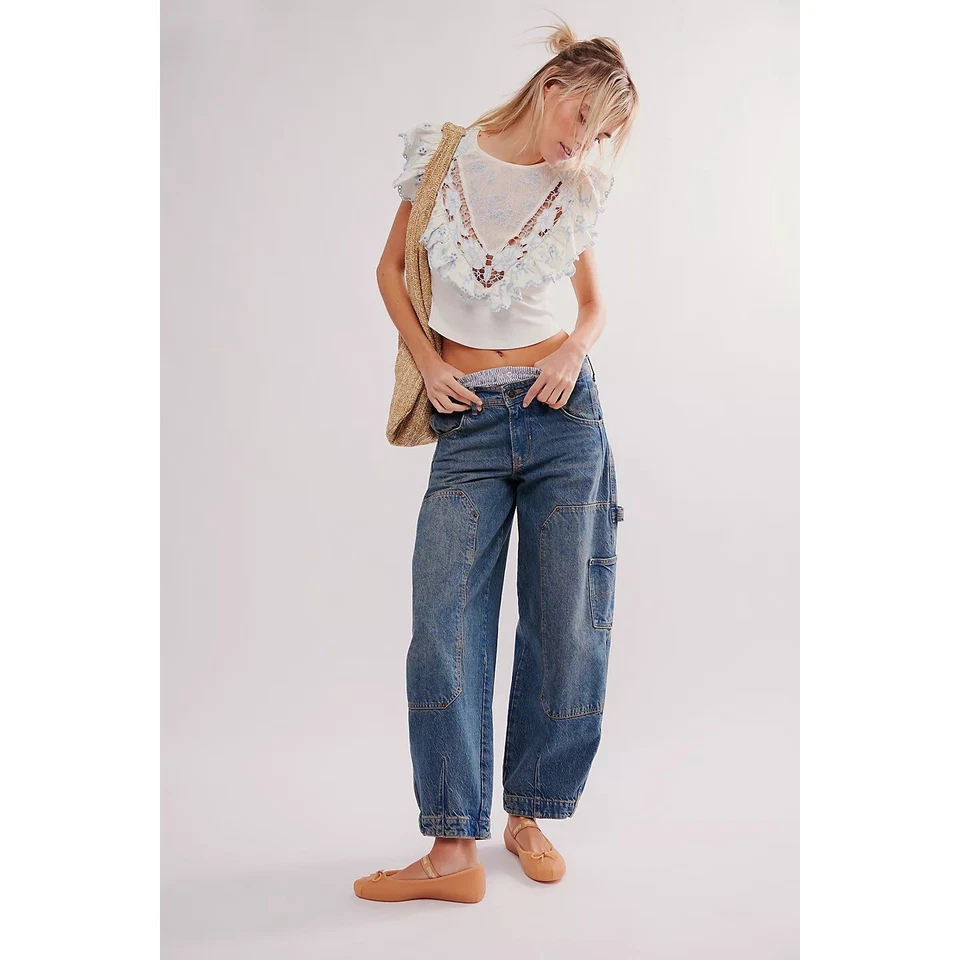 Free People 紫色荷叶边上衣花卉刺绣飘逸棉质 L 280271 — 第 2/4 张图片