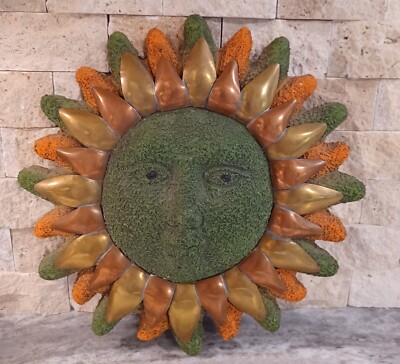 Vintage Artisan Made Sunflower Face Metal And Clay Wall Hanging 13''