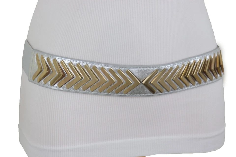 Mujeres Plateado Imitación Cuero Cintura Elástica Fiesta Hora Cinturón Dorado Metal Flecha S M Foto 4 de 4