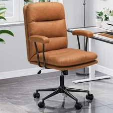 Brown Leather Office Chair, Mid Century Home Office Chair w/Arms Capacity 400lb