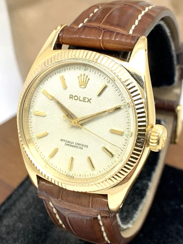 Rolex Men's Watch 6502 Vintage 1950s Swiss Automatic 18k Gold Waffle Dial 34mm