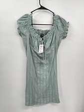 Windsor Sage Green Ribbed Smocked Square Neck Puff Sleeve Mini Dress Size L