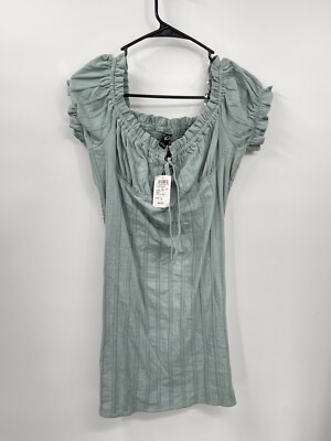 Windsor Sage Green Ribbed Smocked Square Neck Puff Sleeve Mini Dress Size L