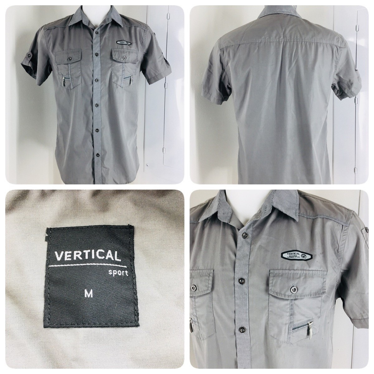 Vertical Sport Mens Size M Gray Button Front Short Sleeve Shirt