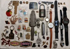 Junk Drawer Lot Watches Pins Knife Tire Gauge Lighter Dog License Key Chains Vtg