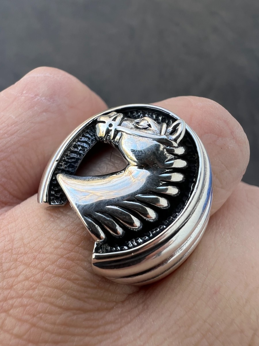 Mens Real Plain Solid 925 Sterling Silver Horse & Lucky