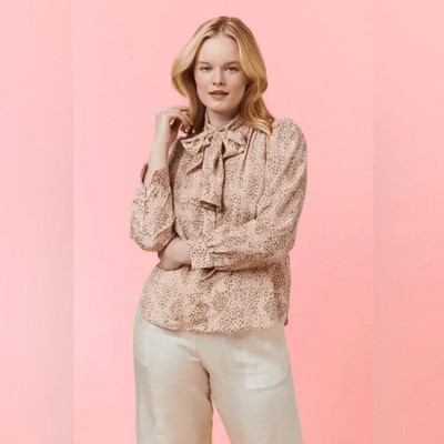 Tucker Clara Bow Blouse SM Blush Spot in Silk Crepe de Chine Printed Top Luxury