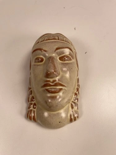 Frankoma Indian Maiden Mask Pottery #6-132 Figurine Brown Green Glaze 1989