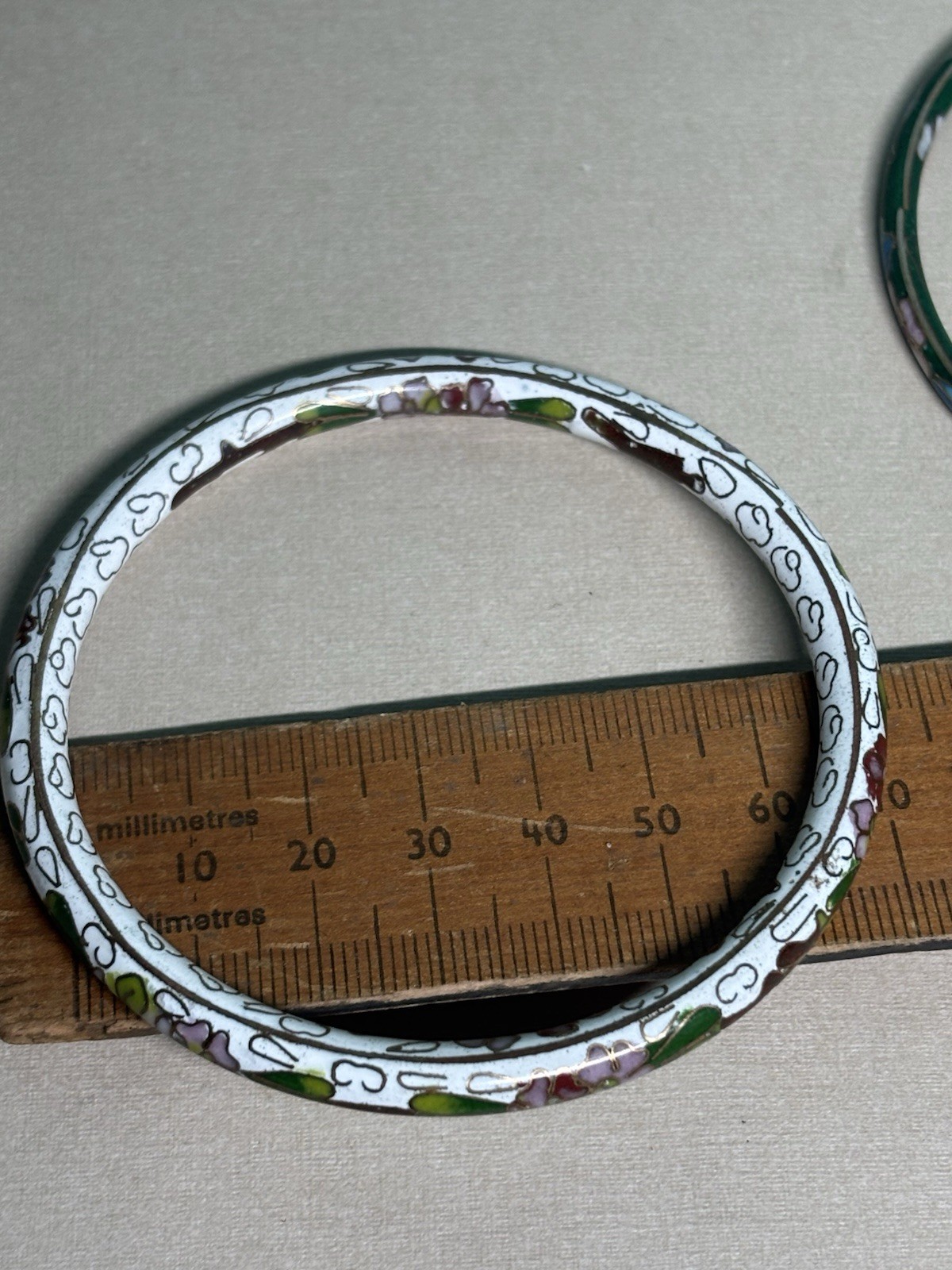 Vintage Cloisonné Solid Bangles Unhinged Brass In… - image 6